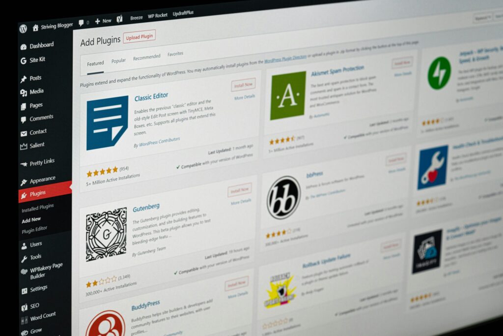 photo of the "Add Plugins" screen on WordPress